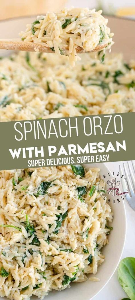 Essen, Orzo Cooked In Chicken Broth, Creamy Spinach Orzo, Spinach Parmesan Orzo, Spinach Orzo Pasta, Orzo Recipes Healthy, Frozen Spinach Recipes, Orzo Recipes Side, Pasta Side Dishes Easy