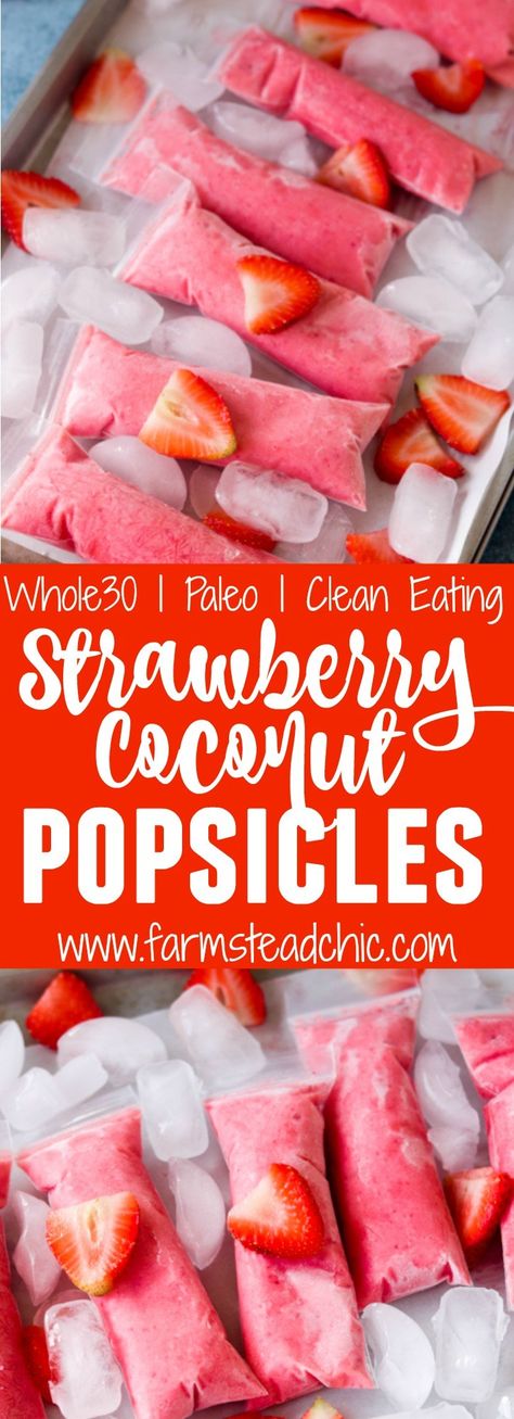 These Paleo Strawberry Coconut Popsicles are the perfect summer treat. Made with Whole30-compliant ingredients like strawberries, coconut milk, pineapple juice and OJ, they are healthy yet incredibly tasty. Dairy free, vegan and vegetarian-friendly. Ice Lolly Recipes, Coconut Popsicles, Avocado Salat, Free Fruit, Popsicle Recipes, Paleo Snacks, Recipe 30, Paleo Whole 30, Paleo Dessert