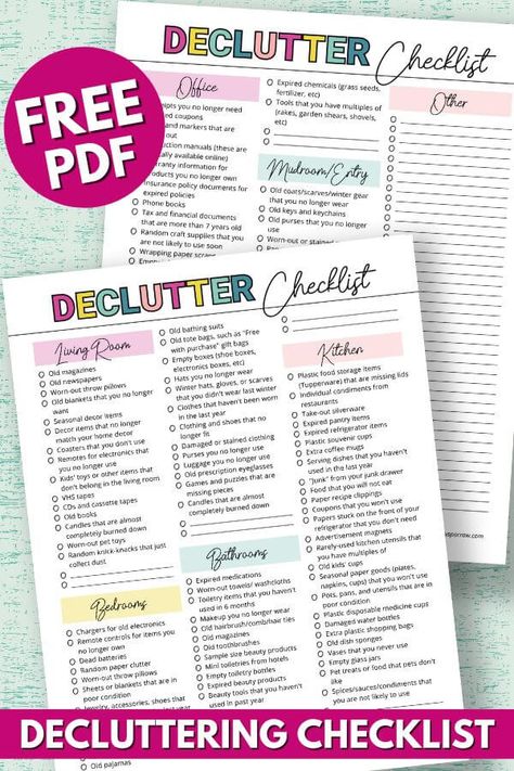 Is your house a cluttered mess? Need to declutter room by room but don't know where to start because you're too overwhelmed? Use this free printable decluttering checklist to help! Great printable list of over 100 things to get rid of and declutter your house! Decluttering List By Room, House Declutter List, Minimalism Declutter List, Organisation, How To Declutter Your Home Room By Room List, Minimalism Checklist Free Printable, Clean And Declutter Checklist, Declutter Checklist Room By Room, List Of Things To Declutter