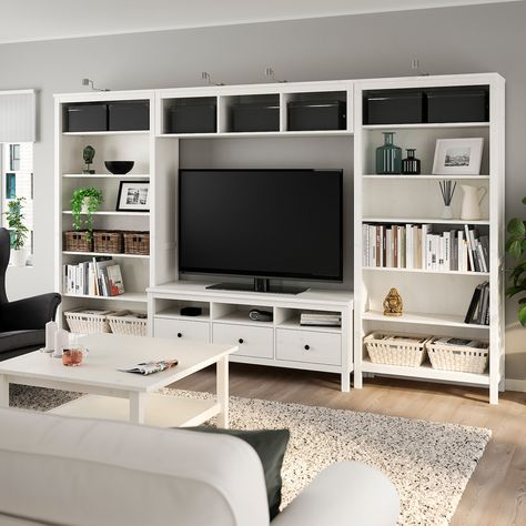 HEMNES TV storage combination, white stain, 128 3/8x77 1/2" - IKEA Ikea Tv Wall Unit, Hemnes Bookcase, Tv Wanddekor, Built In Tv Wall Unit, Ikea Tv, Built In Shelves Living Room, Sala Tv, Living Room Wall Units, Living Room Entertainment Center