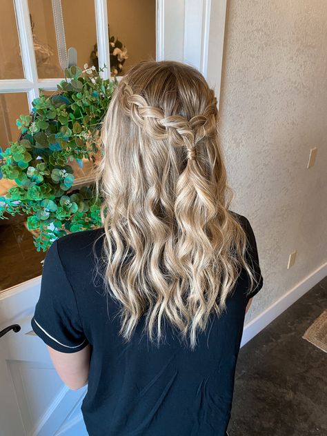 #bridesmaid #bridesmaidhair 
#bridalparty #hair #braid #dutchbraid #formal #hairstyle Hoco Hair Curled With Braid, Cute Simple Prom Hair, Hair For Hoco Simple, Curled Hairstyles With Braids Simple, Dutch Braid Prom Hair, Braided Hoco Hairstyles, Hoco Hairstyles With Braids, Braided And Curled Hairstyles, Curled Hairstyles With Braid