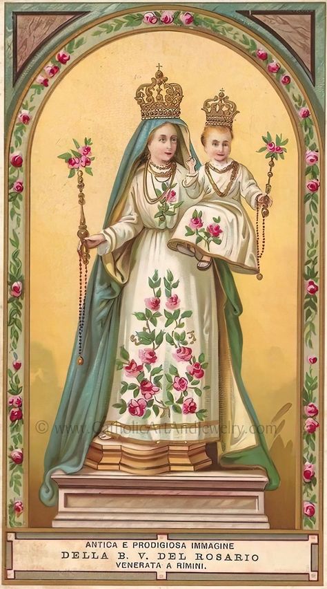 "Our Lady of the Rosary Vintage Catholic Holy Card This charming vintage holy card shows Our Lady holding the child Jesus, and each of them holding a Rosary. Happy and cheerful, the pair are exalted on a pedestal, but still they kindly offer you this power. Pray the Rosary, they seem to say. You can stop evil and magnify the best in people! The inscription is Italian, and means \"Ancient and Miraculous image of the Blessed Virgin of the Rosary.\" \"Venerata A Rimini\" could be \"Blessings to Rim Our Lady Of The Rosary, Lady Of The Rosary, Pray The Rosary, Santi Cattolici, Vintage Holy Cards, Blessed Mary, Jesus And Mary Pictures, Mama Mary, Catholic Images