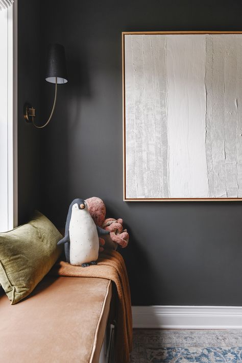 Toffee velvet custom cushion from @patiolane completes our cozy snug! Moody Playroom, Charcoal Bedroom, Charcoal Grey Paint, Black Painted Walls, Dark Accent Walls, Kendall Charcoal, Charcoal Walls, Gray Painted Walls, Grey Accent Wall