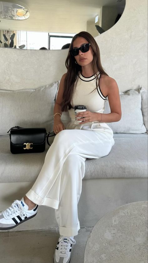 Classy Fitness Outfits, White Shoes Aesthetic Outfit, Classy Clean Girl Aesthetic, Linen Pants Sneakers Outfit, Closet Basics For Women 2023, Summer Outfits Elegant Classy, Clean Girl Office Outfits, White Ootd Casual, Casual Classy Outfits Street Style