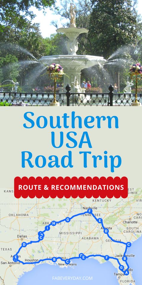 Southeast road trip itinerary, reviews, recommendations, roadside attractions, and good eats for a Southern USA road trip with kids through the southern states of Texas, Louisiana, Mississippi, Alabama, Florida, Georgia, Tennessee, and Arkansas. Click to get all the details of this south USA road trip on FabEveryday.com. Road Trip To Tennessee, Georgia South Carolina Road Trip, Road Trip Alabama, Southern Road Trip Route, South Road Trip, Mississippi Road Trip Bucket Lists, Best Road Trips From Florida, Road Trips In The South, Road Trips From Texas