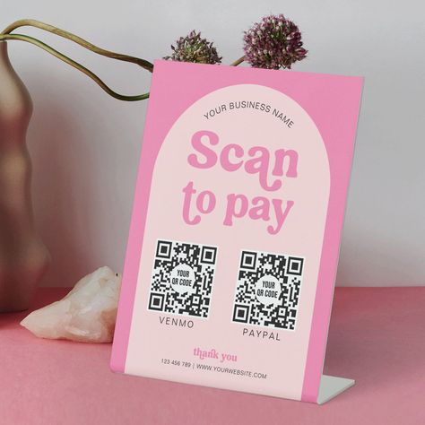 Business Scan to Pay pedestal sign featuring retro fonts, pink aesthetic design, arch background and space for 2 QR codes. You can add your business name and contact details as well as your custom scannable QR codes for any type of payment methods you accept - such as venmo, paypal, apple pay, cash app and more. Use this table top Feminine Phone Payment Sign your till in your shop, beauty salon, or at pop-up events so your customers can make a quick payment by scanning the URL codes. Vendor Booth Price List, Stationary Pop Up Shop, Pop Up Shop Banner Ideas, Photography Pop Up Shop, Pop Up Sale Display, How To Pay Design, Vendor Business Ideas, Vendor Booth Supplies, Small Business Market Table Set Up