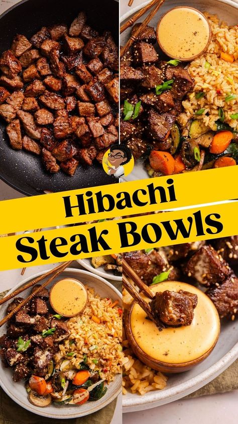 Hibachi Steak Bowls, Easy Dinner Ideas Summer, Trader Joe’s Dinners, Black Stone Hibachi Recipes, Dinners With Steak, Steak Meals Dinners, Steak Rice Bowl Recipes, At Home Hibachi Dinner, Habatchi Recipes Hibachi Steak