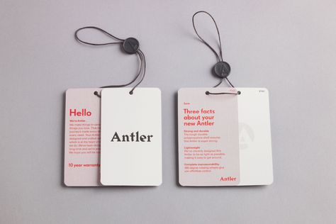 Antler by Mammal, United Kingdom. #swingtag #design #branding Hang Tag Inspiration, Tag Graphic Design, Hang Tags Ideas, Tag Design Ideas, Hangtag Design, Swing Tag Design, Logo Design Branding Fashion, Fashion Logo Inspiration, Tags Design