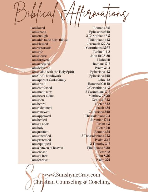 Get your free printable PDF of Biblical Affirmations- Learn what the Great I Am says about you! 31 Scriptures to outline your Identity in Christ. #mentalhealth #christiancounseling #identity #affirmations Scripture Who God Says I Am, Daily Bible Affirmations For Women, Biblical Self Affirmations, What God Says About Me Scriptures, Christian I Am Affirmations, I Am Biblical Affirmations, God Says I Am Scriptures, Christian I Am Statements, Biblical I Am Affirmations