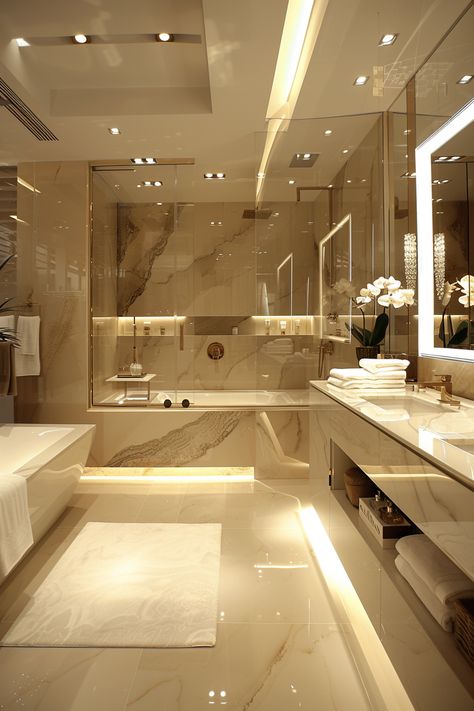 Luxury Bathroom Oasis: Transform Your Space with Elegant Beige & Cream Tones Luxury Shower Room Design, Bathroom Ideas Cream Beige, Luxury Bedroom Bathroom, Marble Home Design, Half Bathroom Luxury, Bathroom Modern Design Luxury, Modern Rooms Luxury, Light Marble Bathroom, Interior Design Elegant Luxury