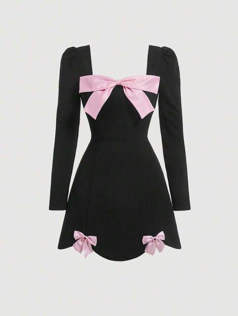 Valentine’s Dresses, Heart Dress Women, Cool Dresses For Women, Black Dress Pink Bow, Pink And Black Dress Outfit, Black And Pink Outfit Ideas, Black Pink Outfits, Queen Outfits Royal, Black And Pink Outfit