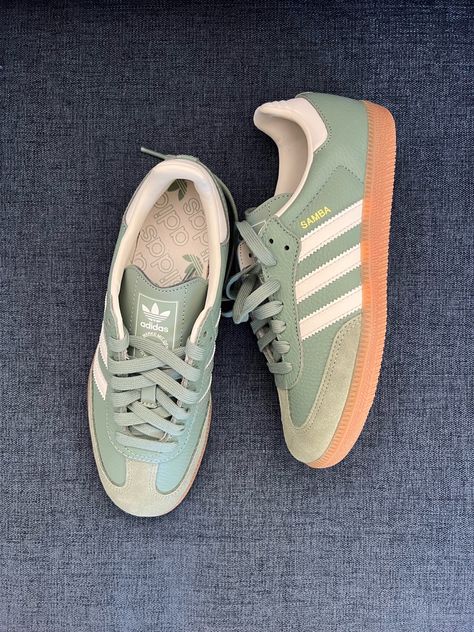 Adidas sambas, women’s Adidas, green fall sneakers Green Shoes For Women, Green Vintage Shoes, Seafoam Green Shoes, Samba Adidas Green, Adidas Green Sneakers, Womens Addidas Shoes, Green Sambas Adidas Women Outfit, Cool Sneakers Aesthetic, Green Sambas Adidas