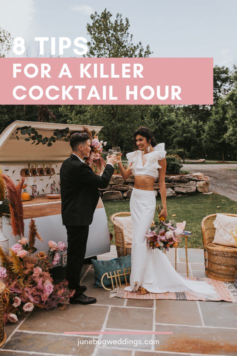 Give your wedding guests a moment to relax and enjoy some drinks! Here are 8 tips for a killer wedding cocktail hour. l Image by Jordan Jankun Photography Cocktail Hour Foods Wedding, Cocktail Food Ideas Wedding, Wedding For 40 Guests, Cocktail Hour Without Alcohol, Anniversary Cocktail Party, Activities For Guests During Cocktail Hour, Things To Do During Cocktail Hour, Wedding Cocktails Winter, Fall Wedding Cocktail Hour Ideas