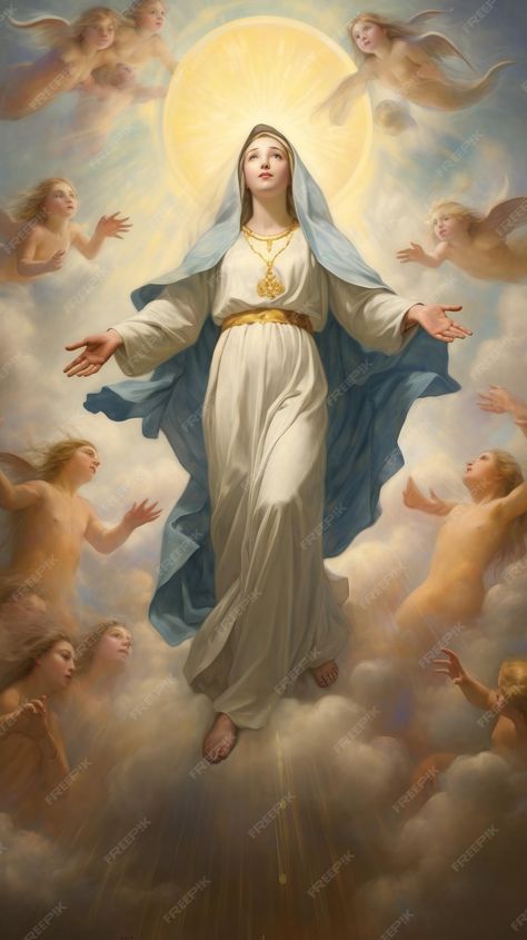 Premium Photo | The Assumption of Mother Mary in a Heavenly Image Solemnity Of The Assumption Of The Blessed Virgin Mary, Assumption Of The Blessed Virgin Mary, Virgin Mary Picture, St. Mary, Virgin Mary Painting, Angels Painting, Roman Catholic Art, Mary Mother Of Jesus, Mary Celeste