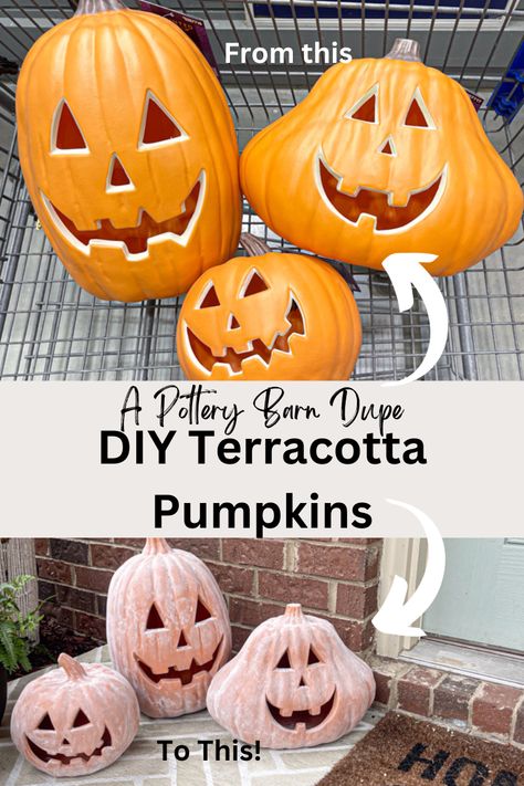 I made a pottery barn dupe from plastic jack-o-lanterns, paint, and calcium carbonate Faux Terracotta Pumpkin, How To Make Terracotta Pumpkins, Terracotta Pumpkins Front Porch, Diy Ceramic Pumpkins, Diy Paper Mache Pumpkins, Diy Terra Cotta Pumpkins, Faux Terra Cotta Pumpkins, Diy Stackable Pumpkins, Pottery Barn Pumpkins Diy