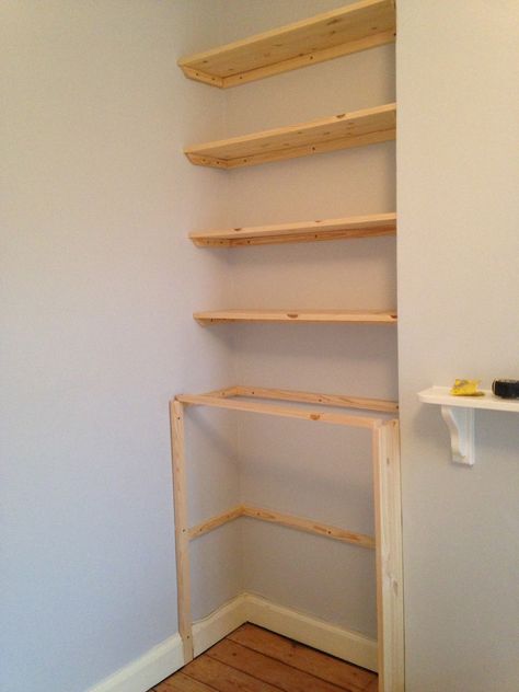 Alcove cupboard and shelving Build Alcove Cupboard, Living Room Beading Ideas, Front Room Alcove Ideas, How To Build Alcove Cupboard, How To Build A Cupboard, Built In Alcove Shelves, Cupboard Shelving Ideas, Living Room Alcove Cupboards, Chimney Alcove Ideas