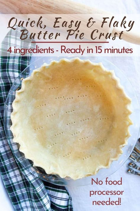 Want to know how to make this simple, quick & easy pie crust recipe with butter? Let me show you! It's the best & can be made ahead of time. You won't need a food processor & it comes together in 15 minutes. This all butter crust is flaky, tender & delicious. It's perfect for sweet dessert pies, chicken pot pie or quiesce recipes. Pie season has officially arrived and it's time to bake some delicious holiday, Thanksgiving & Christmas pies. Pumpkin pie, pecan pie, apple pie & more! #piecrust Christmas Pies, Essen, Quick Easy Pie Crust Recipe, Home Made Pie Crust, Pie Crust Recipe With Butter, Single Pie Crust Recipe, Quick Pie Crust, Food Processor Pie Crust, Easy Pie Crust Recipe