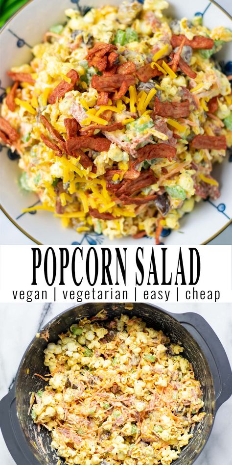 Popcorn Salad is a retro recipe made with delicious ingredients like celery, vegan mayo, and bacon bites. This easy recipe comes together in under 20 minutes and you will know at once that it is a winning combination for the whole family. #vegan #dairyfree #contentednesscooking #vegetarian #dinner #lunch #popcornsalad Popcorn Salad Recipe, Popcorn Salad, Vegan Popcorn, Bacon Bites, Great Salad Recipes, Vegan Easter, Eating Vegan, Vegan Party, Vegan Salads