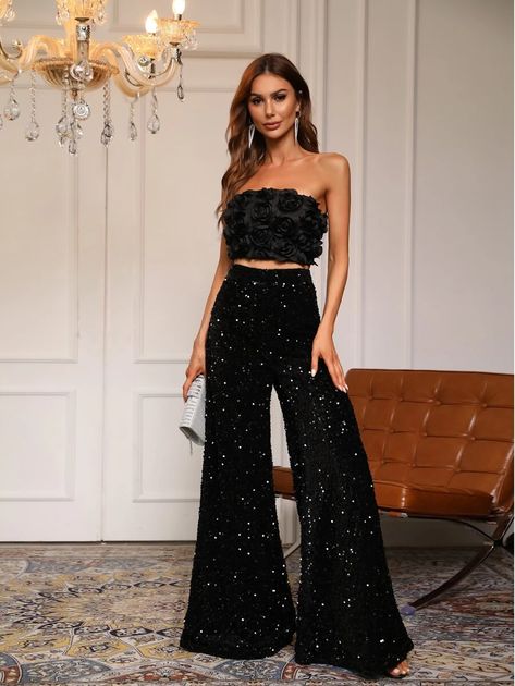 Sequins Pants Outfit, Black Sequin Pants, Black Sequin Jumpsuit, Sequin Pant, Sparkle Outfit, Summer Pants Women, High Waisted Wide Leg Pants, Sequin Pants, Glam Outfit