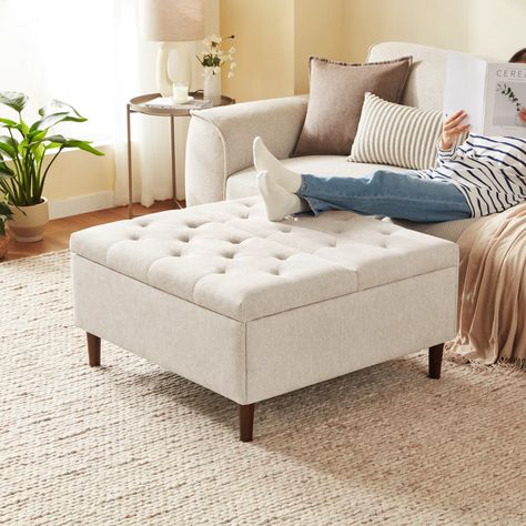 Latitude Run® Tifinie 34.6" Wide Tufted Square Storage Ottoman | Wayfair Oversized Ottoman With Storage, Circle Ottoman With Storage, Large Ottoman Living Room, Round Ottoman Living Room, Ottoman Coffee Table Living Room, Storage Ottoman Living Room, Long Ottoman, Circle Ottoman, Round Ottoman Coffee Table