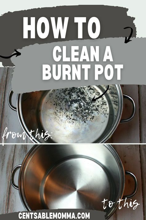 Using just 2 ingredients, check out how to clean the burnt residue from a pot or a scorched pan. I'm amazed at my results! How To Clean A Burned Stainless Pot, How To Clean A Scorched Pot, Clean Gas Stove Top, Cleaning Burnt Pans, Clean Burnt Pots, How To Clean Burners, Cleaning Pans, Stainless Steel Skillet, Cleaning Baseboards