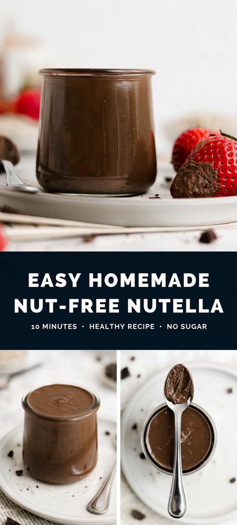 This homemade nutella recipe is SO easy to make. You only need 4 ingredients & a few minutes! It’s sweet, smooth & tastes the same — yet it has no dairy, sugar or nuts. (Hooray for allergy friendly nutella!) Naturally vegan, gluten free, low carb, sugar free & clean eating. I’m obsessed — it’s SO good!! ♡ homemade nutella without hazelnuts. vegan nut free nutella. diy sugar free nutella. dairy free nutella recipe. homemade nut free nutella healthy. how to make nutella at home. Nut Free Nutella Recipe, Home Made Nutella Healthy, Vegan Nutella Recipe, Healthy Nutella Recipes, Make Nutella At Home, Nutella Recipes Healthy, Dairy Free Nutella, Nut Free Candy, Nutella Vegan