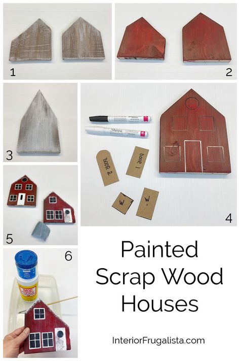 Painted Scrap Wood Houses Scrap Wood Block Crafts, Scrap Wood Houses Christmas, Mini Wood Crafts, Small Painted Wooden Houses, Scrap Wood Houses Diy Projects, Diy Wooden House Decor, Scrap Wood Christmas Village, Painted Wood Blocks Ideas, Mini Wood Houses Craft