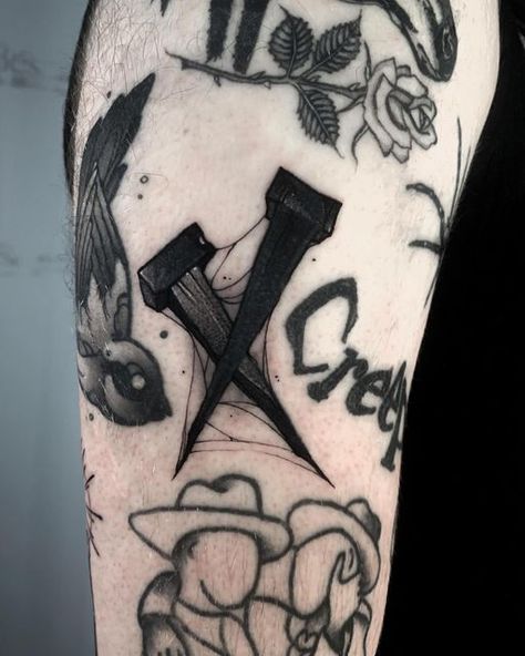 Goth Cover Up Tattoo, Deep Black Tattoo, Small Black Out Tattoo, Black Work Cover Up Tattoo, Tattoo Cover Up Ideas Men, Tattoo Blast Over, Tattoo Dark Work, Dark Tattoo Sleeve, Take Care Tattoo