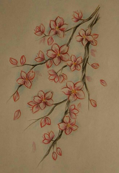 Flower Drawing Cherry Blossom, Pretty Flower Sketches, Cheery Blossoms Drawing Simple, Cherry Tree Drawing Easy, Korean Things To Draw, Leaves And Flowers Drawings, Cherry Blossom Tree Drawing Pencil, Asian Drawing Sketch, Tree Drawing With Color