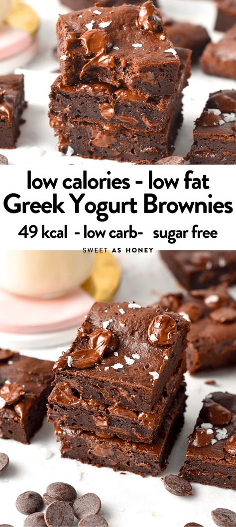 These healthy Greek Yogurt Brownies are the most surprising low calories brownies you will ever try. They are fudgy, chewy brownies packed with high-protein Greek yogurt and only 49 kcal per serving. Yogurt Brownies, Greek Yogurt Brownies, Low Calorie Brownies, Healthy Protein Desserts, Low Calorie Baking, Low Cal Dessert, Yogurt Dessert, High Protein Desserts, Protein Baking