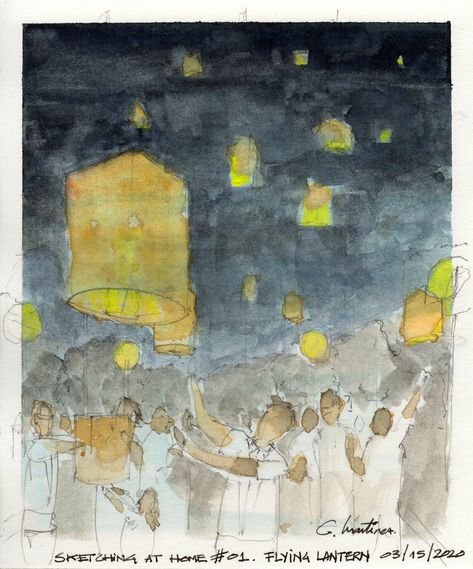 Urban Sketchers, Flying Lanterns, Flying Lantern, Sky Watercolor, Floating Lanterns, Painting References, Sky Lanterns, Urban Sketching, Mix Media