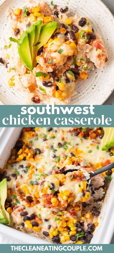 A Healthy Southwest Chicken Casserole Recipe that is so easy to make! This Mexican Chicken Casserole is perfect for a one pan dinner. Easy Dinner Bakes Healthy, Clean Chicken Casserole Recipes, Southwest Chicken Casserole Recipes, Healthy Meals After Surgery, One Dish Meals Easy Healthy, Easy Cheap Low Calorie Meals, Weeknight Casseroles Healthy, Casserole Recipes That Freeze Well, Healthier Casserole Recipes