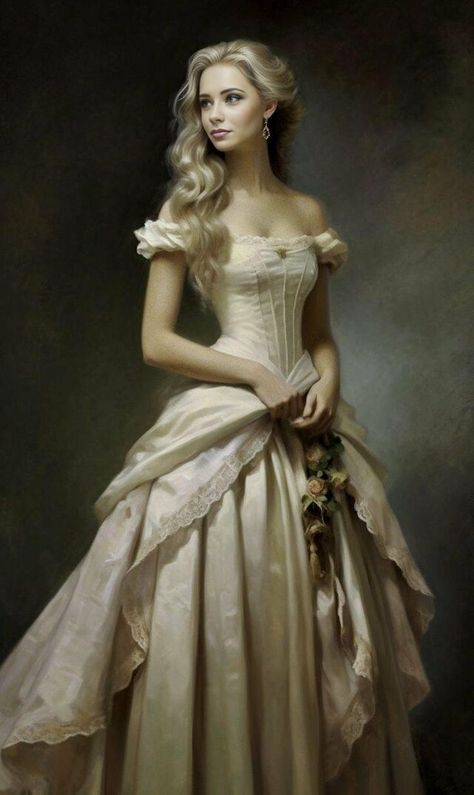 Rennisance Dresses Aesthetic, Gowns With Corsets, Gown Pose Reference, 1800s Southern Fashion, Female Victorian Clothing, Victorian Wedding Dress Aesthetic, Period Piece Dresses, Standing From Behind Reference, 1700s Dresses French