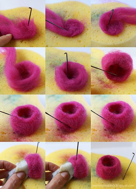 Journey into Creativity: Felt pots Needle Felting Trees Ideas, Needle Felt Flowers, Tovad Ull, Felting Tutorial, Needle Felting Tutorial, Felted Bowls, Mushroom Hat, Needle Felting Diy, Felted Wool Crafts