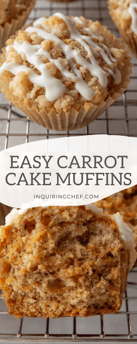 Carrot cake muffins are filled with naturally sweet shredded carrots, and topped with a brown sugar crumb topping and cream cheese glaze. Perfect for breakfast or brunch, and an especially great addition to Easter brunch! #muffins #breakfast #brunch #baking #carrotcake #easyrecipe Easy Carrot Cake Muffins, Carrots Brown Sugar, Carrot Cake Muffins Recipe, Baking Recipes Muffins, Brunch Baking, Carrot Cake Muffin Recipe, Brunch Muffins, Healthy Carrot Cake Muffins, Carrot Muffin Recipe