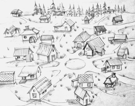 Small Village Drawing Reference, Village Reference Drawing, Simple Town Drawing, Cute Village Drawing, Village Sketch Drawing, Village Illustration Drawing, Fantasy Village Drawing, Villages Drawing, Small Village Drawing