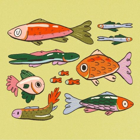 Brain Freeze Illustration, Funky Fish Drawing, Fish Drawings Cute, Funky Illustrations Drawings, Summer Animals Drawing, Funky Illustrations Art, Fish With Legs Drawing, Funky Fish Art, Fish Cute Drawing