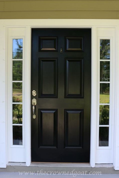 Front Door Paint with Modern Masters - The Crowned Goat Red Brick Black Front Door, Black Exterior Doors Front Entry, Front Doors Painted Black, Outside Doors, Exterior Front Door Colors, Black Exterior Doors, Front Door Paint, Black Front Door, Front Door Styles