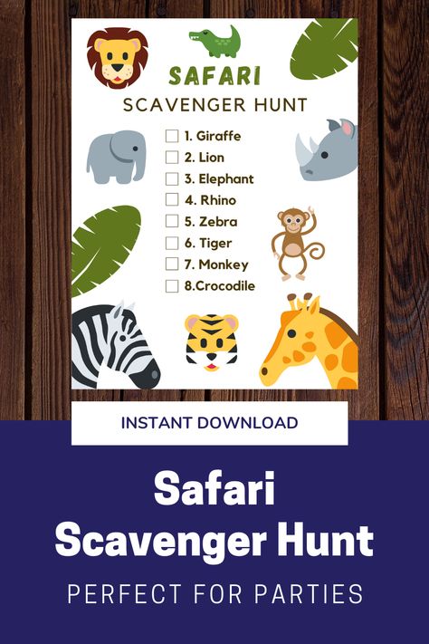 Hide toys or printed pictures and let kids check them off on this fun Safari Scavenger Hunt. Wild One Activities, What If You Had An Animal Tail Activities, Leo The Wildlife Ranger Party, Safari Scavenger Hunt Free Printable, Lion King Party Games, Jungle Party Activities For Kids, Jungle Birthday Party Games, Safari Birthday Party Activities, Safari Party Activities