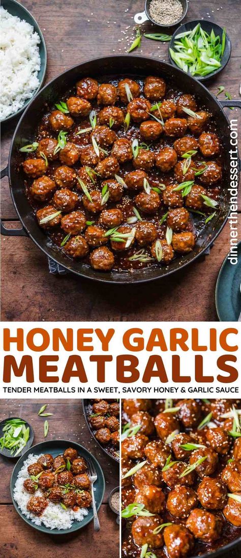 Honey Garlic Meatballs are easy, tender, and coated in a sweet, savory, sticky sauce made with honey, garlic, ketchup, and soy sauce. Perfect as an appetizer or over rice as a main dish! Meatballs Beef, Sweet Meatballs, Honey Garlic Meatballs, Garlic Meatballs, Vegan Honey, Sticky Sauce, Meatball Dinner, Dinner Then Dessert, Meatball Recipes Easy