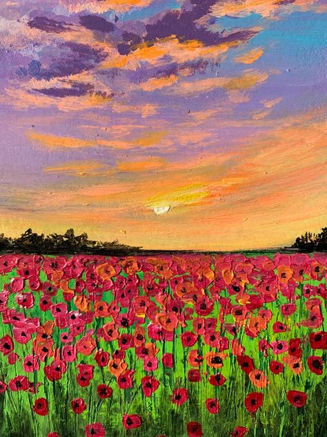 Red Poppy Field, Poppy Field Painting, Red Poppy Painting, Tranquil Art, Painting Scenery, Simple Oil Painting, Field Painting, Inspiration Painting, Scenery Paintings