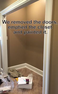 Front Door Closet Makeover, Farmhouse Hall Bathroom Ideas, Mudroom Closet Conversion, Turn Closet Into Drop Zone, Hall Closet Makeover Entryway, Entrance Closet Makeover, Mud Room Closet Organization, Closet Mud Room Conversion, Turning Closet Into Mudroom