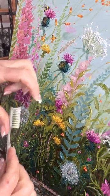 Cathy Lewis Art, Happy Oil Painting, Diy Wildflower Painting, Messy Flower Painting, Wild Flower Painting Acrylic Tutorial, Wildflower Paintings Acrylic, Abstract Wildflower Painting, Wild Flower Acrylic Painting, Wild Flowers Painting Acrylic