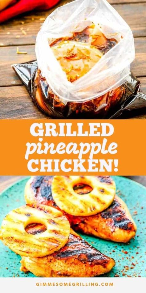 Easy Pineapple Grilled Chicken is a quick and easy weeknight meal on your grill. We love the flavor from the marinated grilled chicken that's topped with a grilled pineapple ring! #recipe #dinner Pineapple Chicken Marinade For The Grill, Pineapple Marinated Chicken, Pineapple Chicken Grilled, Marinated Pineapple, Grilled Chicken With Pineapple, Tender Juicy Chicken Breast, Pineapple Chicken Breast, Pineapple Grilled Chicken, Easy Marinated Chicken