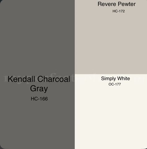 Kendall charcoal gray for accent cabinets Revere Pewter And Kendall Charcoal, Kendall Charcoal Cabinets Kitchens, Kendall Charcoal Palette, Kendall Charcoal Color Palette, Pale Oak And Kendall Charcoal, Bm Kendall Charcoal Cabinets, Bm Kendall Charcoal Exterior, Revere Pewter House Exterior, Colors That Go With Kendall Charcoal