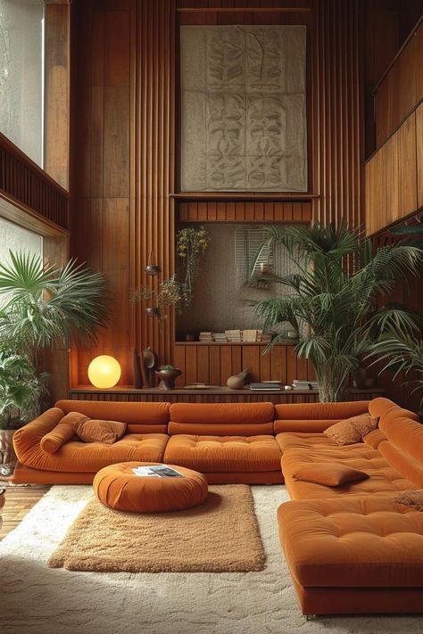 living room interior design 70s Living Room, 70s Interior Design, Orange Couch, Mid Century Modern Interior Design, 70s Interior, Retro Interior Design, Retro Living Rooms, Casa Vintage, Mid Century Modern Interiors