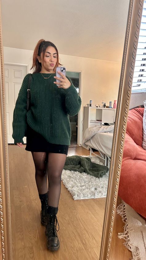 Denim Skirt Doc Martens Outfit, Winter Birthday Outfits Plus Size, Sweater And Skirt Fall Outfit, Dark Green Oversized Sweater Outfit, Miniskirt Sweater Outfit, Fall Fashion Skirt Outfits, Fall Outfits Dark Aesthetic, Docs With Skirt Outfit, Shein Plus Size Fall Outfits