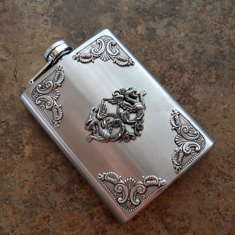 Flask, 8 Oz. Medieval Dragon Silver Flask , Gentleman's or Lady's Liquor Flask Cigars, Silver Flask, Medieval Dragon, Liquor Flask, Dragon Wings, Spring Hill, Hip Flask, Funky Jewelry, Flask