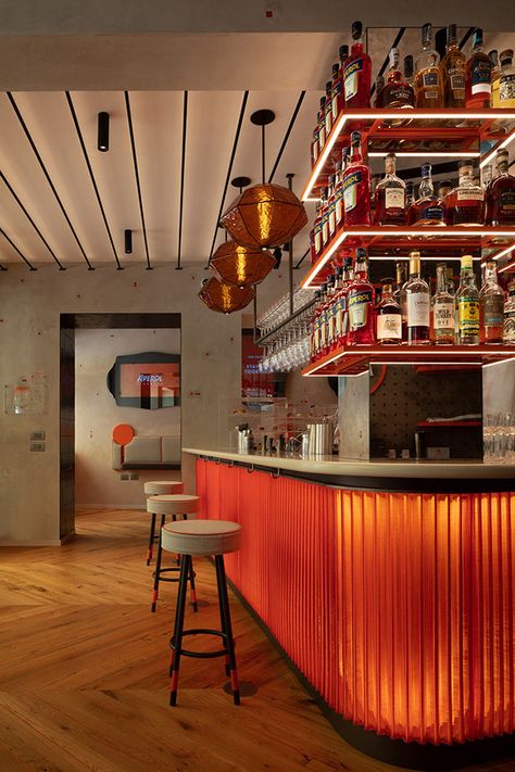 Commercial Bar Design, 60s Bar, Orange Restaurant, Italian Aperitivo, Exposed Wood Ceilings, Orange Bar, Red Restaurant, Greens Restaurant, Japanese Bar