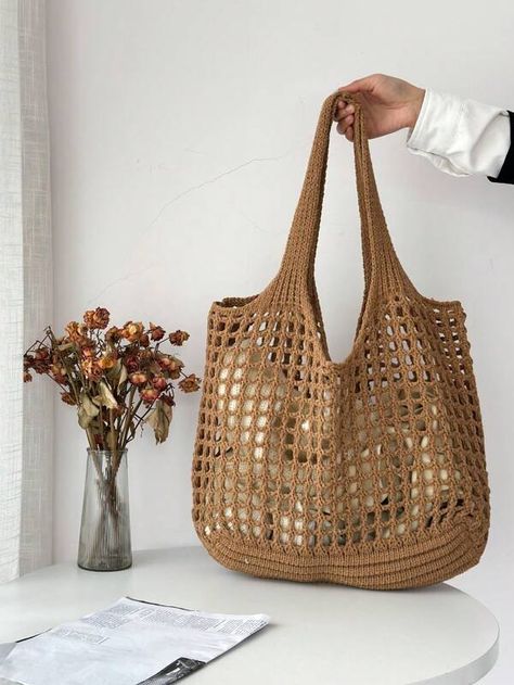 Women's Minimalist Large Capacity Hollowed Out Woven Shopping Bag Handbag Beach Bag | SHEIN USA Crochet Bags, Weave Shop, Crochet Beach Bags, Knitting Tote Bag, Knitting Tote, Crochet Tote Bag, Woven Tote Bag, Crochet Tote, Bag Crochet